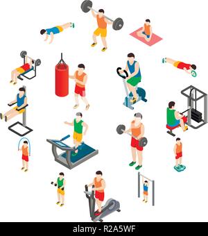 Fitnessraum Symbole in isometrischer 3D-Stil auf weißem Hintergrund einstellen Stock Vektor