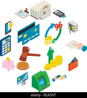 Kredit Symbole in isometrischer 3D-Stil auf weißem Hintergrund einstellen Stock Vektor