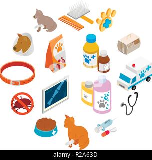 Veterinär Symbole in isometrischer 3D-Stil, der auf einem weißen Hintergrund Stock Vektor