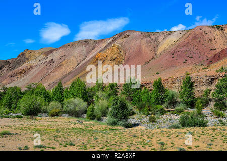 Blick auf unrealy schönen farbigen Ton Klippen in Altai Gebirge, Russland. Sommer Landschaft, dem Mars und Kyzyl - Kinn Tal mit Stockfoto