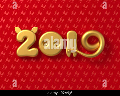 Konzept 2019 mit Goldenen Zahlen als Schweine Ohren, Nase, Beine und Schwanz auf rotem Hintergrund. 3D-Darstellung. Stockfoto
