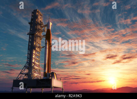 Space Launch System auf Launchpad über Hintergrund von Sunrise. 3D-Darstellung. Stockfoto