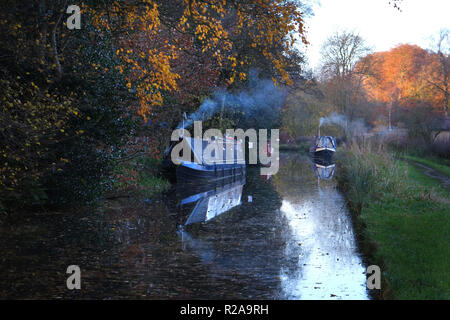 Schmale Boote mit rauchenden Schornsteine vertäut am Ufer der Caldon Canal an Moorlands Cheddleton, Staffordshire, England. Goldener Herbst Licht auf die Bäume Stockfoto