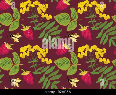 Die nahtlose Vektor Muster mit tanacetum Blumen, Himbeeren und Bienen, Burgund Hintergrund Stock Vektor