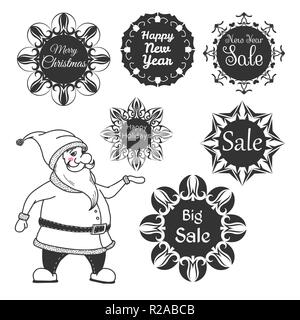 Santa Claus. Der festliche Sticker Schneeflocken mit dem Text. Vektorgrafiken in Skizze Stil Stock Vektor