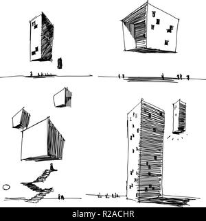 Vier Hand gezeichnet architectectural Skizzen einer modernen abstrakten Architektur und futuristische fliegen und schwebende Gebäude Stock Vektor