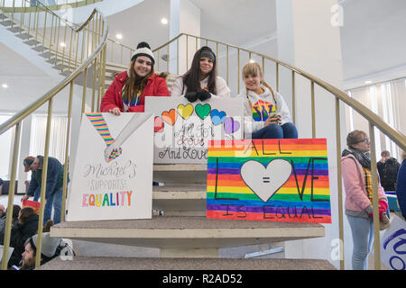 Macomb, Illinois, USA. 17. November 2018. Studenten an der Western Illinois University, Macomb, Illinois hielt eine einzige Liebe die Kundgebung zur Unterstützung der Homosexuellen und LGBTQ Menschen. Die Rallye war im Gegensatz zu einem Protest durch die Westboro Baptist Church in einer nahe gelegenen Straße Kreuzung statt. Credit: Keith Turrill/Alamy leben Nachrichten Stockfoto