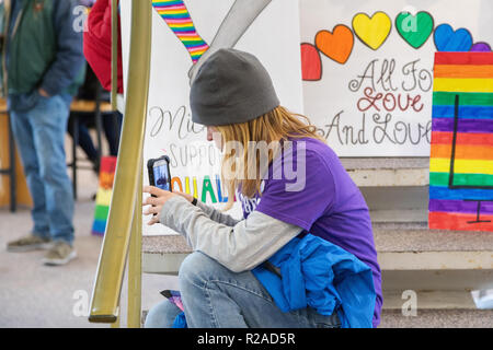 Macomb, Illinois, USA. 17. November 2018. Studenten an der Western Illinois University, Macomb, Illinois hielt eine einzige Liebe die Kundgebung zur Unterstützung der Homosexuellen und LGBTQ Menschen. Die Rallye war im Gegensatz zu einem Protest durch die Westboro Baptist Church in einer nahe gelegenen Straße Kreuzung statt. Credit: Keith Turrill/Alamy leben Nachrichten Stockfoto