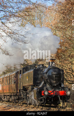 Bewdley, Großbritannien. 18. November 2018. UK Wetter: Reisende auf den Severn Valley Railway (ein Erbe Bahnstrecke zwischen Kidderminster und Bridgnorth) genießen Sie herrliche Herbst Sonnenschein als Ihre vintage UK Dampflok führt durch die schönen, Herbst, ländlichen, Worcestershire, Landschaft. Quelle: Lee Hudson/Alamy leben Nachrichten Stockfoto