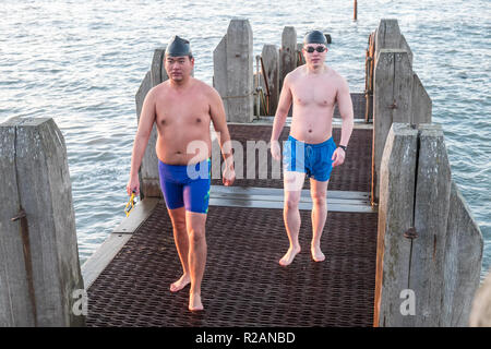 Wales, Großbritannien. 18. November 2018. Nach einem herrlichen sonnigen blauen Himmel Tag mit Temperaturen um die 10 Grad, jedoch mit einer starken kalten Wind. Diese beiden Kerle gerade nach einem Bad, Schwimmen im Kühlen, Gefrieren, Gewässer, Cardigan Bay, Aberystwyth, Ceredigion, Mid Wales. DE. Credit: Paul Quayle/Alamy leben Nachrichten Stockfoto