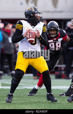 Ottawa, Kanada. 18 Nov, 2018. Hamilton Tiger - Katzen quarterback Jeremia Masoli (8) Tropfen zurück während der CFL Eastern Division Finale zwischen dem Hamilton Tiger - Katzen und Ottawa Redblacks bei TD Place Stadion in Ottawa, Kanada. Daniel Lea/CSM/Alamy leben Nachrichten Stockfoto