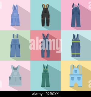 Overalls Arbeitskleidung Symbole gesetzt. Flache Abbildung: 9 Latzhosen Berufsbekleidung Vector Icons für Web Stock Vektor