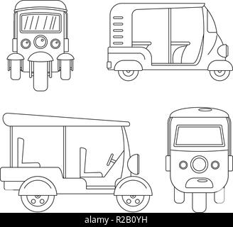 Tuk Rikscha Thailand Symbole gesetzt. Überblick Abbildung: 4 tuk Rikscha Thailand Vector Icons für Web Stock Vektor