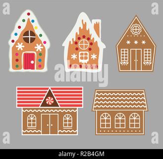 Vektor Gingerbread House cookie gesetzt. Weihnachten Süßigkeiten Illustration. Essen winter dünne Linie Dekoration der Lebkuchenhäuser. Eps 10. Stock Vektor