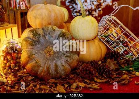 Blick auf gedeckter Tisch auf Herbst Natur Ernte Dekoration im Kürbis für thanksgiving Tag Stockfoto