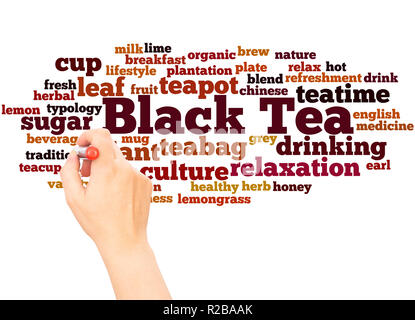 Schwarzer Tee Wort cloud hand Konzept Schrift auf weißen Hintergrund. Stockfoto