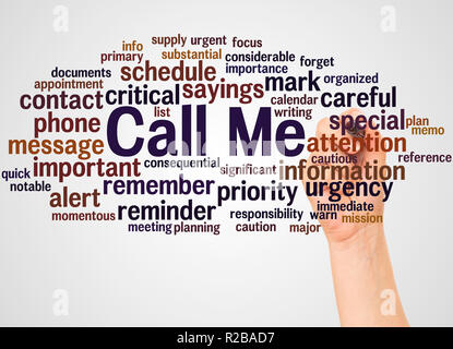 Rufen Sie mich an Word cloud und Hand mit Marker Konzept auf weißem Hintergrund. Stockfoto