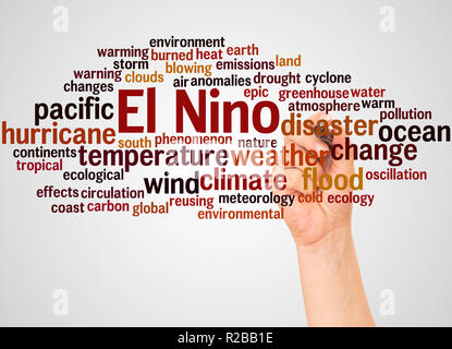 El Nino, Word cloud und Hand mit Marker Konzept auf weißem Hintergrund. Stockfoto