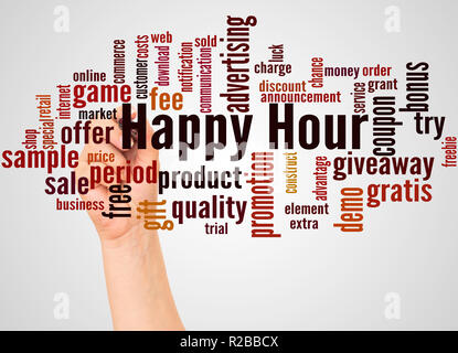 Happy Hour Wort cloud und Hand mit Marker Konzept auf weißem Hintergrund. Stockfoto