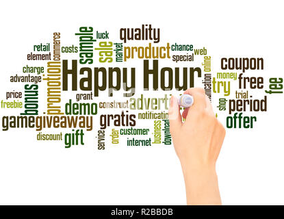 Happy Hour Wort cloud hand Konzept Schrift auf weißen Hintergrund. Stockfoto