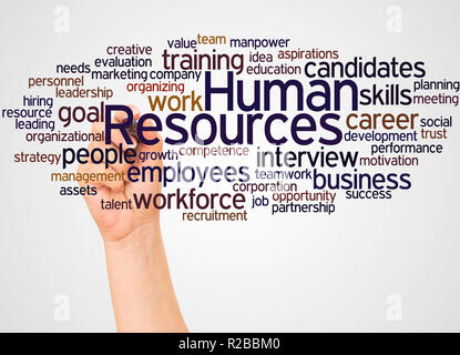 Human Resources word Cloud und Hand mit Marker Konzept auf weißem Hintergrund. Stockfoto