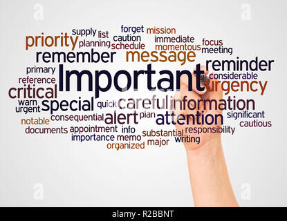 Wichtige word Cloud und Hand mit Marker Konzept auf weißem Hintergrund. Stockfoto