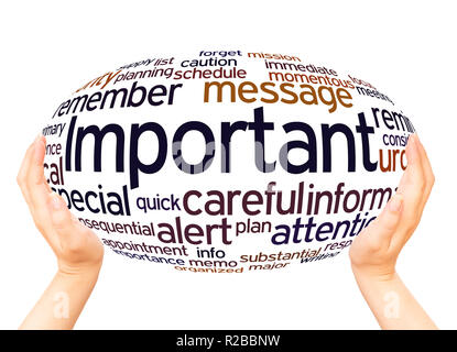 Wichtige word Cloud Hand Kugel Konzept auf weißem Hintergrund. Stockfoto