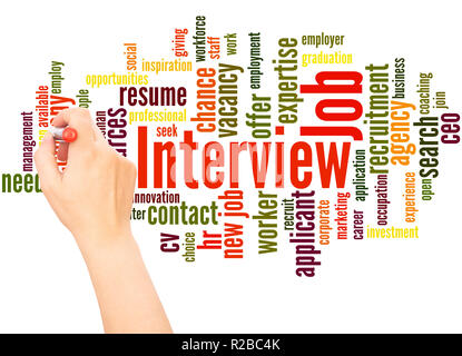 Job Interview word Cloud hand Konzept Schrift auf weißen Hintergrund. Stockfoto