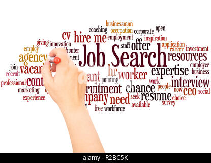 Job Search word Cloud hand Konzept Schrift auf weißen Hintergrund. Stockfoto