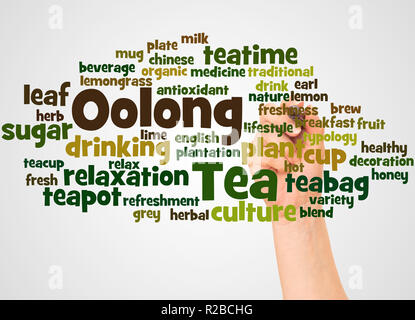 Oolong Tee Wort cloud und Hand mit Marker Konzept auf weißem Hintergrund. Stockfoto
