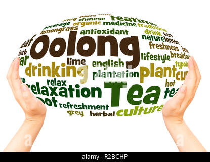 Oolong Tee Wort Cloud Hand Kugel Konzept auf weißem Hintergrund. Stockfoto