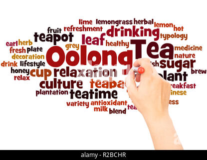 Oolong Tee Wort cloud hand Konzept Schrift auf weißen Hintergrund. Stockfoto