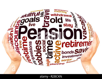 Pension Wort Cloud Hand Kugel Konzept auf weißem Hintergrund. Stockfoto