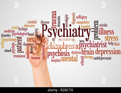 Psychiatrie Wort cloud und Hand mit Marker Konzept auf weißem Hintergrund. Stockfoto