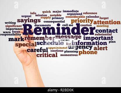 Erinnerung Wort cloud und Hand mit Marker Konzept auf weißem Hintergrund. Stockfoto