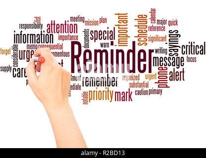 Erinnerung Wort cloud hand Konzept Schrift auf weißen Hintergrund. Stockfoto