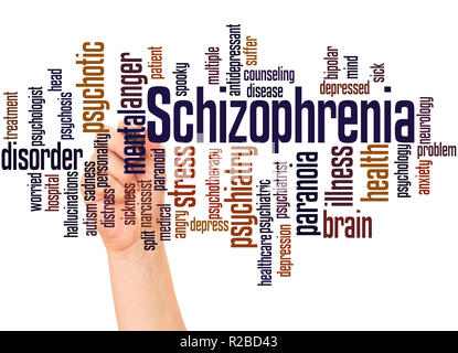 Schizophrenie Wort cloud und Hand mit Marker Konzept auf weißem Hintergrund. Stockfoto