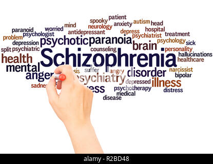 Schizophrenie Wort cloud hand Konzept Schrift auf weißen Hintergrund. Stockfoto