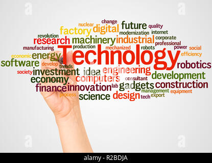 Technologie Wort cloud und Hand mit Marker Konzept auf weißem Hintergrund. Stockfoto