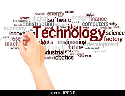 Technologie Wort cloud hand Konzept Schrift auf weißen Hintergrund. Stockfoto