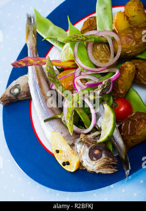 Lecker Fischgericht - geschmort in Weißwein Blauer Wittling Fisch mit Kartoffeln und Pea Pods auf Platte Stockfoto