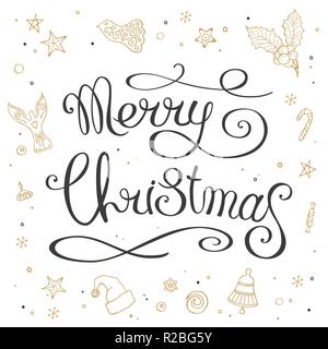 Hand Made Schriftzug Phrase "Frohe Weihnachten!" mit goldenen festlichen Elementen dekoriert. Handgezeichneten Kalligraphie design Karte Vorlage. Auf weiß isoliert. Stock Vektor