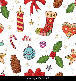 Nahtlose festliche Muster mit traditionellen Weihnachten Symbole und Dekoration. Endlose traditionellen Textur für Weihnachten Design, Stoffe, Tapeten. Stock Vektor