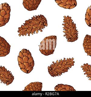 Nahtlose Muster mit den Kegeln. Weihnachten Muster. Kiefernzapfen. Auf weissem Hintergrund. Botanical Hand gezeichnet Vector Illustration. Weihnachten desigign. Stock Vektor