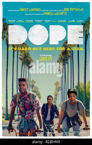 Dope (2015) von Rick Famuyiwa Regie und Hauptdarsteller Shameik Moore, Tony Revolori, kiersey Clemons und Kimberley Elise. Malcolm und seine Freunde gefangen in einer Droge viel falsch, während versuchend, in Hochschule zu erhalten. Stockfoto