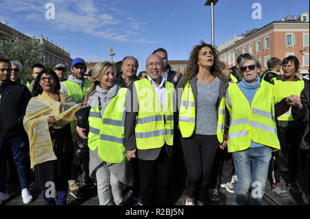 Eric Ciotti mit der gelben Westen Demonstranten in Nizza Stockfoto