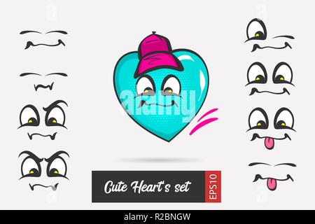 Set cartoon emotion Gesicht Valentinstag Herz Stock Vektor