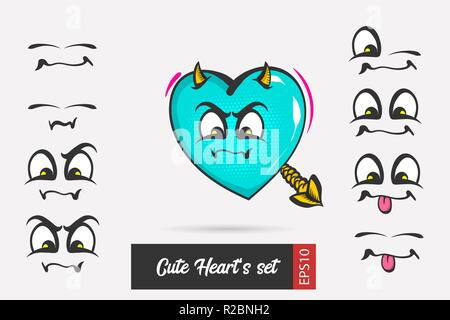 Set cartoon emotion Gesicht Valentinstag Herz Stock Vektor