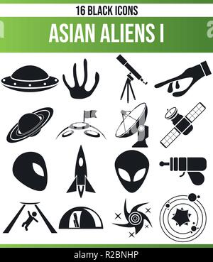 Schwarzen Symbole/Icons über Aliens. Dieses Icon Set ist perfekt für kreative Menschen und Designer, die Aliens in ihren Grafik Design benötigen. Stock Vektor