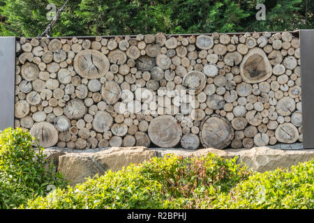 Schneiden Baum Baum- wand aus horizontalen Protokolle erstellen einen Blick aus einer Reihe von unterschiedlich großen Kreise zusammen diese Barrie zu erstellen Stockfoto